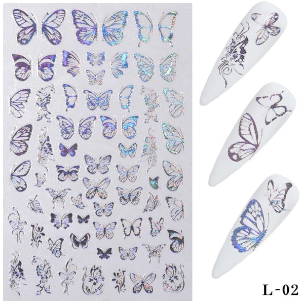 Butterfly Nail Art Stickers, 8 ark Guld Sølv 3D