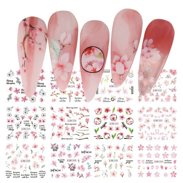 IC 12 stk. Rosa blomst Nail Art Stickers Dekaler Søde Kirsebærblomster Negletilbehør Akvarel Blomster Vandoverføringsdekaler Tilbehør