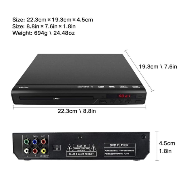 DVD-soitin televisiolle, kaikki alueet, ilmaiset DVD- ja CD-levyt, AV-lähtö, sisäänrakennettu / NTSC, USB-tulo, kaukosäädin