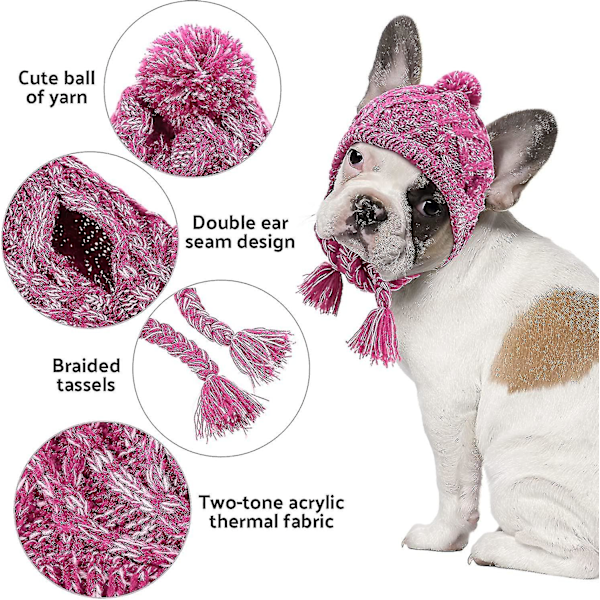 Vinterhundelue, varm husdyrlue med pompom, strikket lue med ørehull for mellomstore og store hunder, fransk bulldog