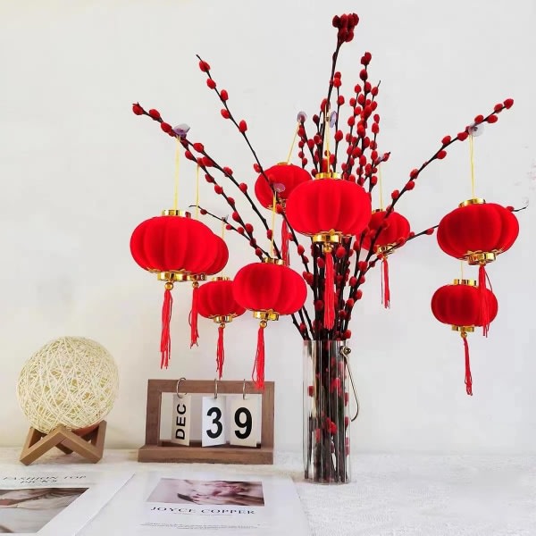 Liten röd lykta Bonsai Kreativ gåva Gör-det-själv-hantverk Dekorativ Mocka Vårfestival Fest Hängande dekorasjoner（4,13In）
