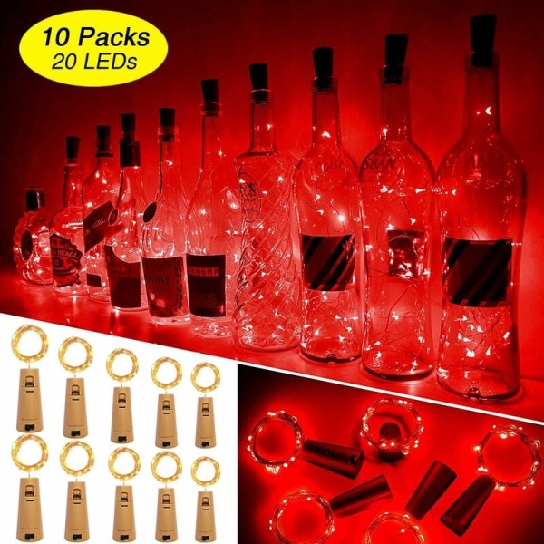 Vinflaska ljus, paket med 10 20 LED Fairy Lights för flaska Fairy Lights Mood Lights Koppartråd vinflaska (röd)