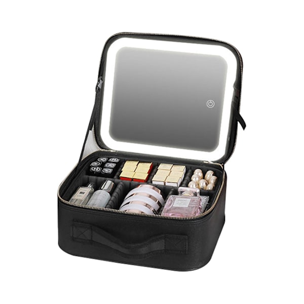 Rejsetaske til makeup med LED-spejl, justerbare rumdelere og toilettaske i sort