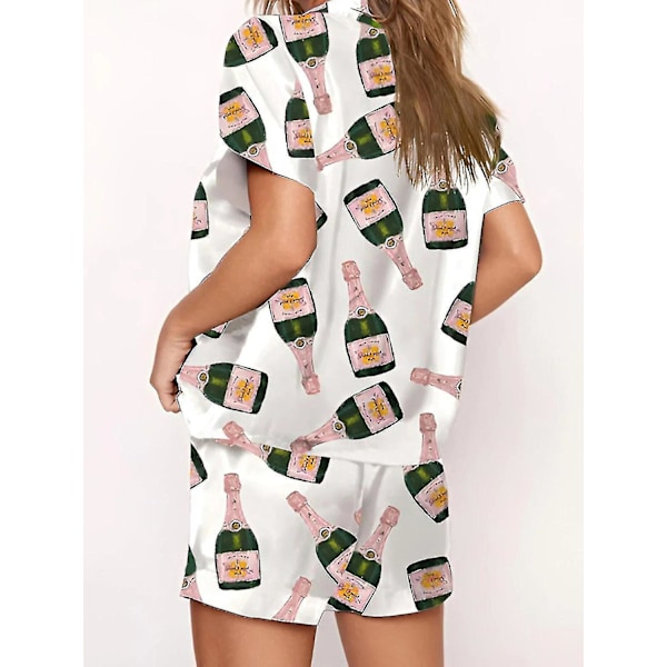 Champagne Flaskor Knapp Pyjamas Set Dam Tryckt Kortärmad 2 Delar Mjuk Ledig Sovkläder TA L