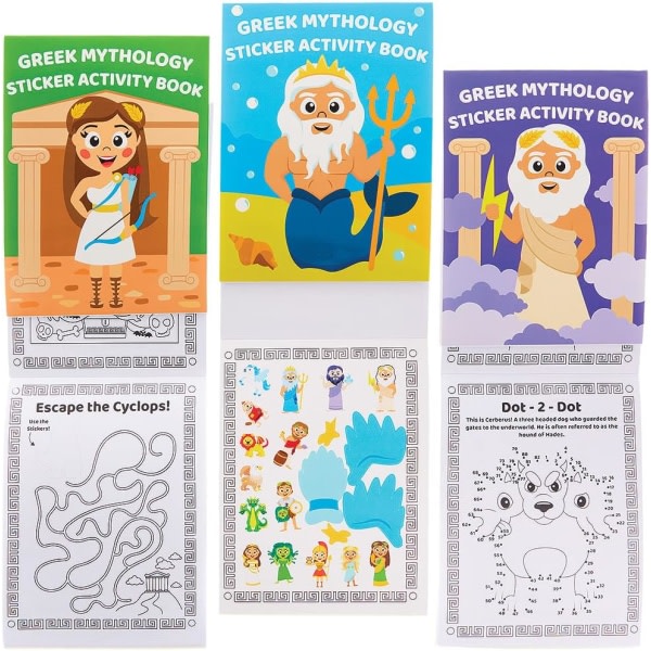 Baker Ross FX613 Aktivitetsböcker med klistermärken om grekisk mytologi - 8 stycken, klistermärkesböcker för barn som fylls i festpåsar