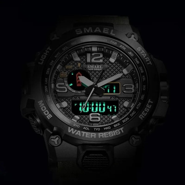 SMAEL Uusi Miesten Kello 50M Vedenkestävä Hälytyskello Reloj Hombre 1545D Kaksoisnäyttö Rannekello Kvartsikellot Miehille CamoArmyGreen