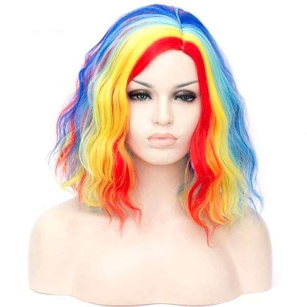 Kvinnor kort lockigt hår peruker Värmebeständig fiber multicolor regnbåge peruker