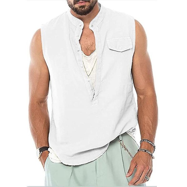Män V-ringad Ärmlösa skjortor Sommar Button Tank Tops White M