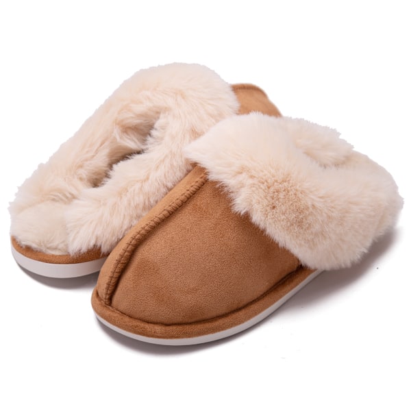 Varm vinter-plysstofler til kvinder - flade indendørs sko med skridsikker bund - brun brown 42-43 (fits 40-41)