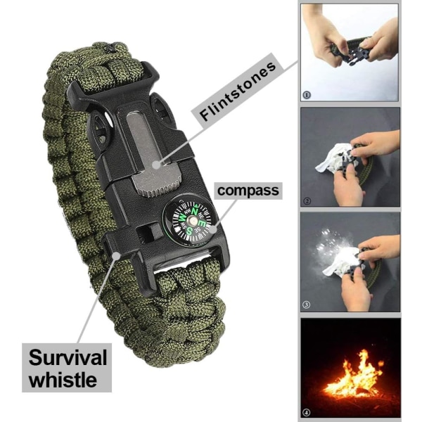 Survival Armbånd - 5-i-2 Survival Kit med Flint Brannstarter, kompass, fløyte, wiresag army green