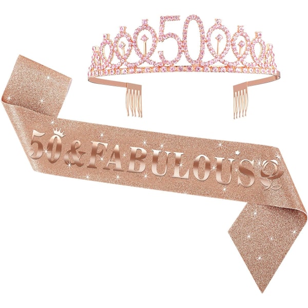 50:e födelsedag skärp och tiara Set för 50 år, 50 & fantastiska skärp och krona festdekorationer (rosa guld, rosa)
