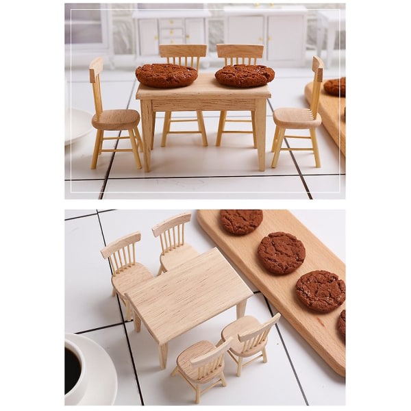 1/12 træ dukkehus møbler af bord og sæt, miniature dukkehus tilbehør til spisestue træ farve