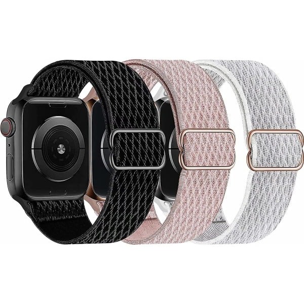 Stretchiga nylonsoloband yhteensopiva Apple Watch kanssa 41 mm 40 mm 38 mm rem för Iwatch Series 7/6/5/4/3/2/1 klocka, Svart, Rosa, Summit Vit Svart/