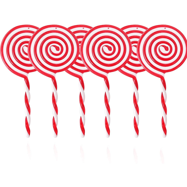 6 Plast Julgodis Lollipop Ornament Vit Och Röd Julgran