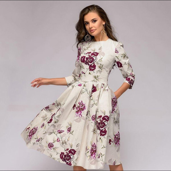 Enkel stil kvinnors blommiga vintage Elegant midi aftonklänning 3/4 ärmar