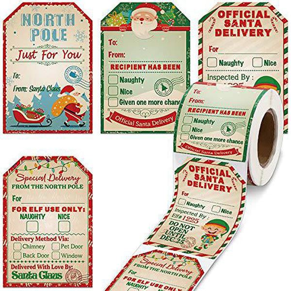 Jultomtens vintageklistermärken Julnamnetikett for presentdekor med jultomtens presentpapper (grønn)