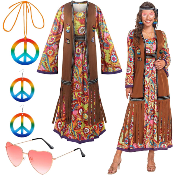 60-talsdräkt dam, hippie damklänningsset, 70-tals disco halloween-outfits, hippiekläder damdräkt, 60-tals klädtillbehör (YD) L