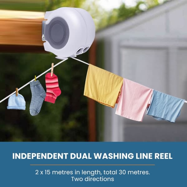 Infällbar tvättlina för utendørsbruk: förlängbar utdragbar långa klädstreck Reel Strong – Utomhus Trädgårdstvätt Kläder Torklinor Dubbla 2 x 15M