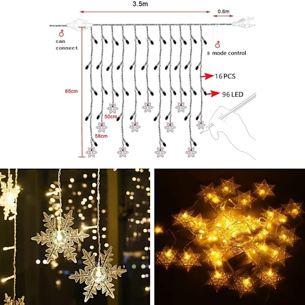 Fairy Lights, Snowflake Curtain Lights, 96 LEDs 3.5*0.8M O