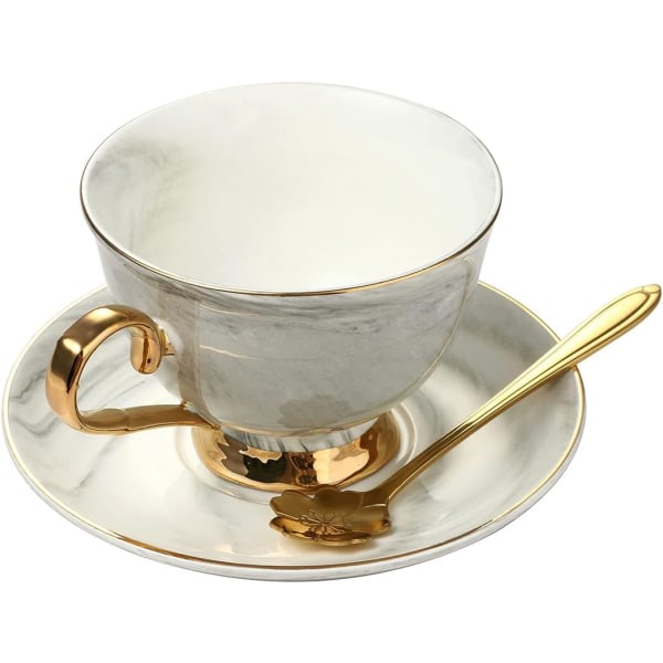 Marmor keramisk kopp og sæt Camellia Mönster Ben Kina kaffemugg Tekopp Guld Kant med kaffekopp, fat og sked, 200ml