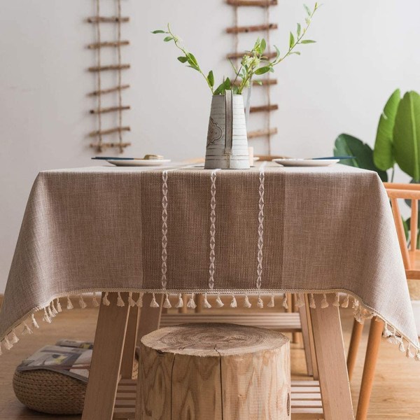 Vattentät rektangulär bordsduk Burlap Broderi - Linne Bordsduk Rustik tyg Bordsdukar Gingham Cover för 6 fots bord 55x70 kaffe