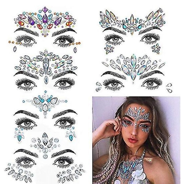CDQ 6 sett Ansiktsjuveler Edelstener Klistremerker Rhinestone Ansikts Tatoveringsklistremerker