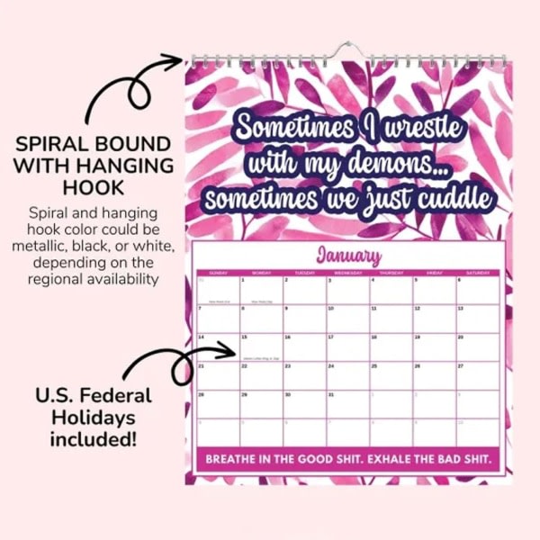 2024 Funny Mental Health Calendar, Månadskalender, Hängande Kalender, Månadsplanerare, Årskalenderplanering med Sweary affirmationer -ES A