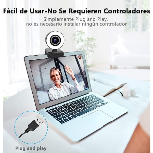 Webcam med mikrofon til pc og lysring, HD webcam med stativ