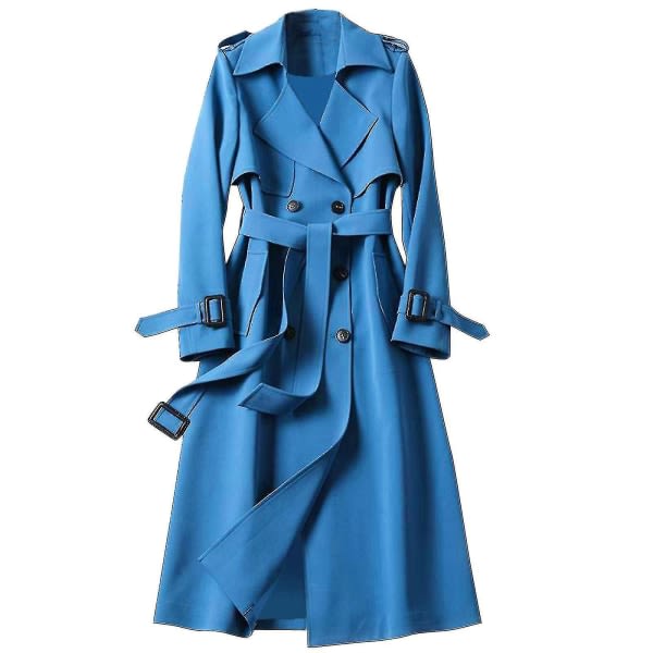 Dameoverfrakke Solid Slim Fit frakkejakke Langt overtøj Windbreaker Trench Blue L