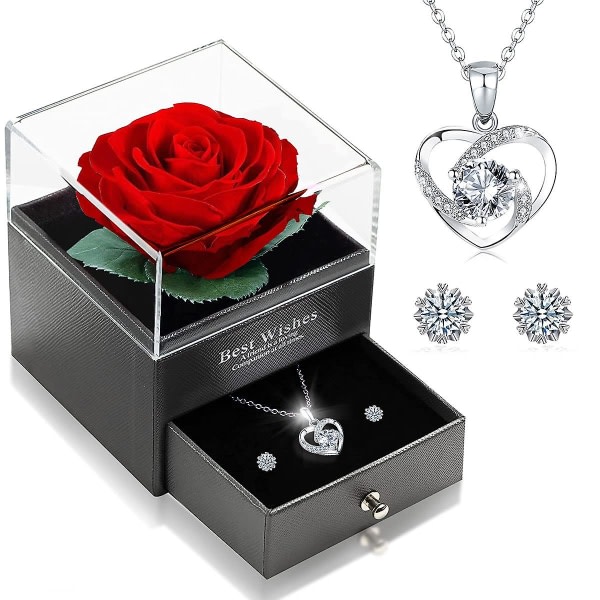 Eternal Real Rose With Heart Halsband Och Örhängen, Infinity Roses, Smycken Presentbox, Rose Box, Födelsedag, Alla hjärtans dag