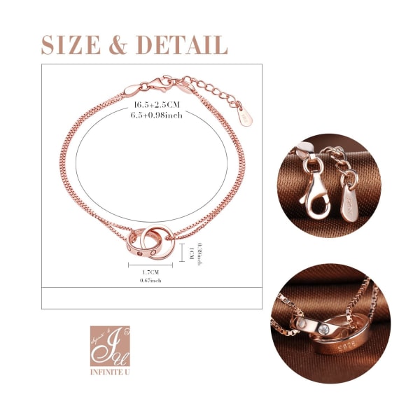 Damarmband Cubic Zirconia Interwoven Ring Tvålänksarmband Justerbart berlockarmband i Sterling Silver Rose Gold