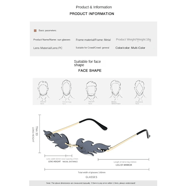 Flame Solglasögon Personlighet Mode Trend Solglasögon Metall Kantlösa Partyglasög Gold frame Yellow Gradient red piece
