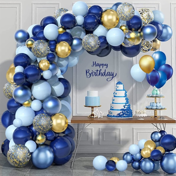 Födelsedagsballonger blåguld, paket med 133 ballonger blåguld och konfettiballonger, ballonggirland blå för födelsedagsdekoration Man, Baby Shower Decoration Boy, 1:a födelsedagspojke, Baby Shower