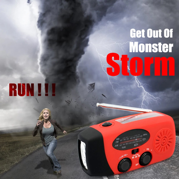 2000mAh vevradio med solcelle, lommelykt og powerbank red