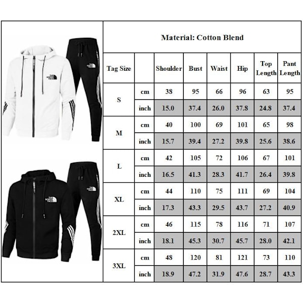 The North Face Träningsset för män med hoodie, sweatshirt, joggingbyxor, 2 delar/set, sportkläder, vit vit M M M White