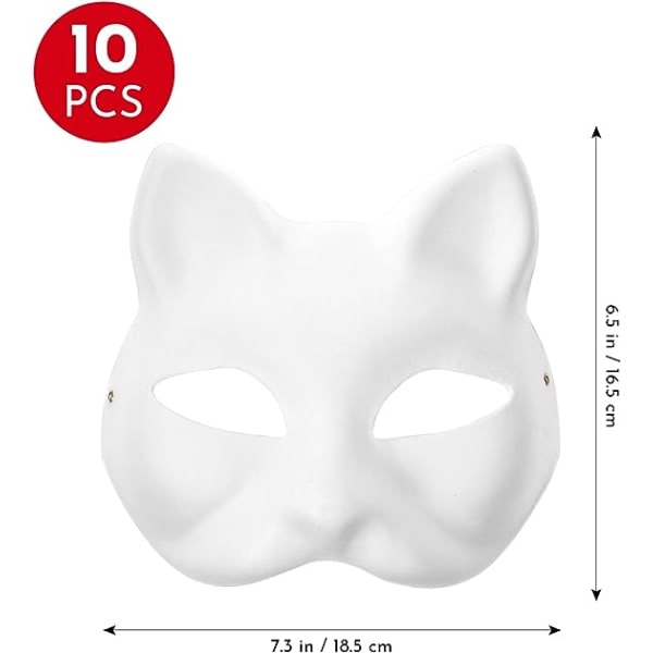 10 stk. Malbare kattemasker, DIY-dyremaske, hvite masker, halvmaske for Halloween-maskerade, barnekosplay, maske, kostyme, festutstyr