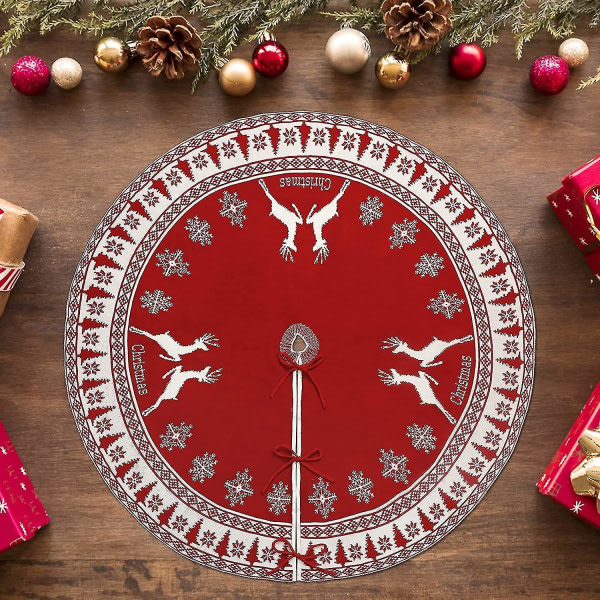 Julgranskjol, 48 tum stor rustik julgranskjol med snöflinga och renar, röd stickad julgranskjol Juldekorationer, for Indoo