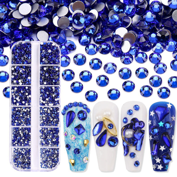 3600 st Nail Art for Rhinestone AB Rhinestones Beads Nail Gems Rundformade Flatback Gems Stones Dubbar 6 størrelser med æske Mörkblå