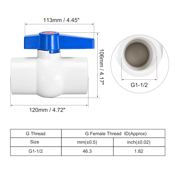 Kulventil G1-1/2 Intern PVC-ventil för akvarieinstallation Sumppump Pool Trädgårdssprinkler Vit Blå