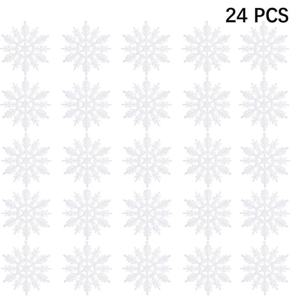 24 st Plast Jul Glitter Snowflake Ornaments Xmas Tree DecorWhite