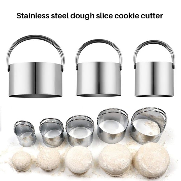5 st kexskärare med handtag - rostfritt stål rund cirkel donutskärare Cookie Cutter Bakning M silver
