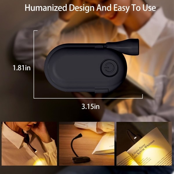 Boklampe, oppladbar klemme-leselampe, justerbar lysstyrke