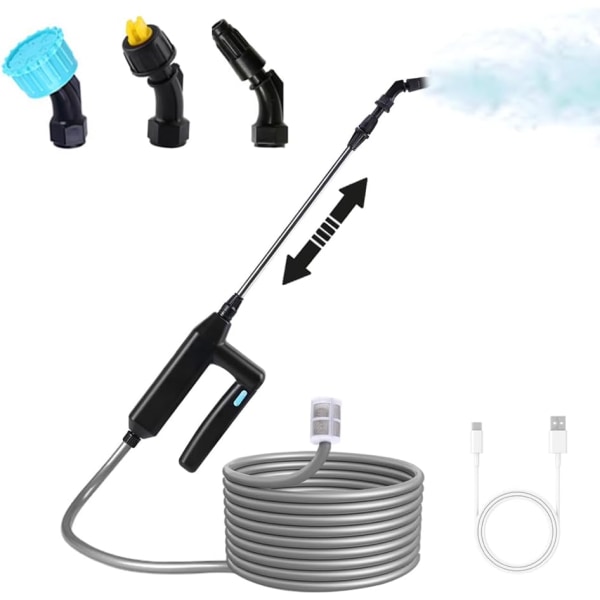 Hagesprøytepistol, oppladbar flerfunksjonssprøytepistol med forlengelsesstang og 5 m slange, bærbar elektrisk spray for plenvanning, bilvask