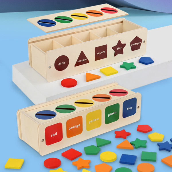 Montessori-leke, farge- og formsortering av fyrstikkeske i tre