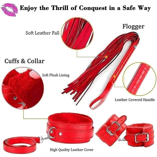 7-delars set läderbondage-kit för vuxna - handbojor/piskor/bollgag/rep/halsband