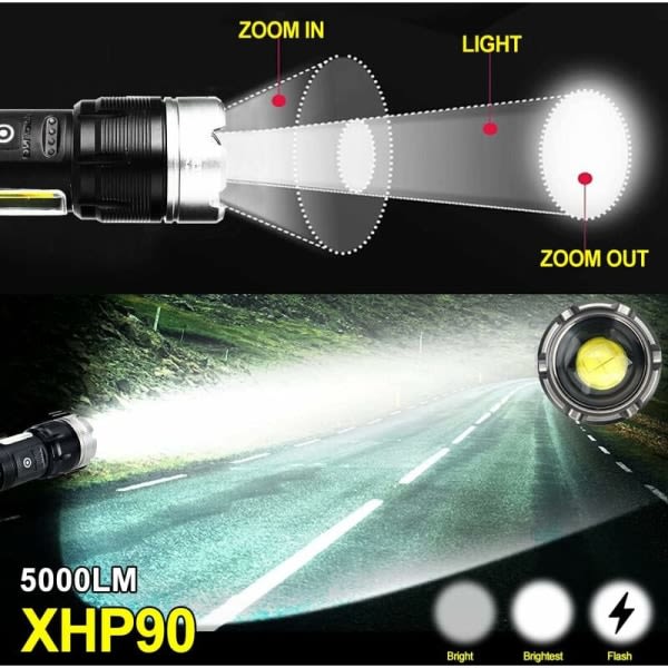 XHP90 LED-ficklampa 5000 lumen, USB-uppladdningsbar ficklampa med justerbart fokus, lämplig för camping, nödsituationer i familjen, utomhussporter