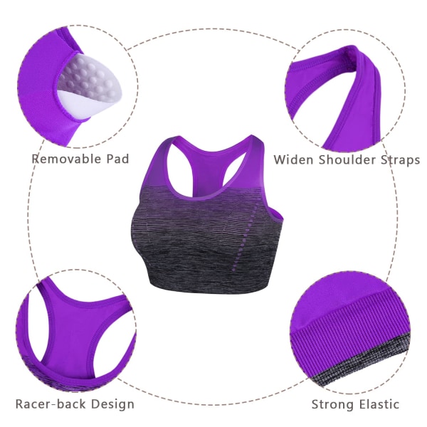 Damesports-BH Mid Support Wirefree Racerback Workout BH Aftagelig polstring Yoga Gym Running Crop Top-lilla