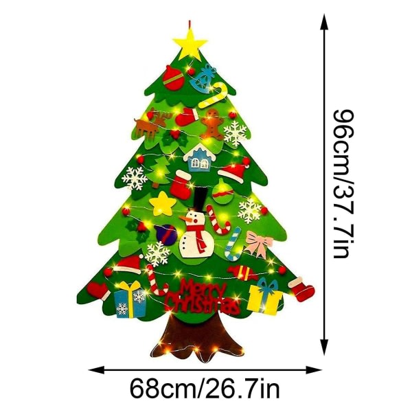 DIY filt juletræ til børn gave, med aftagelige 32 stk ornamenter til jul nytårs dekoration med lys