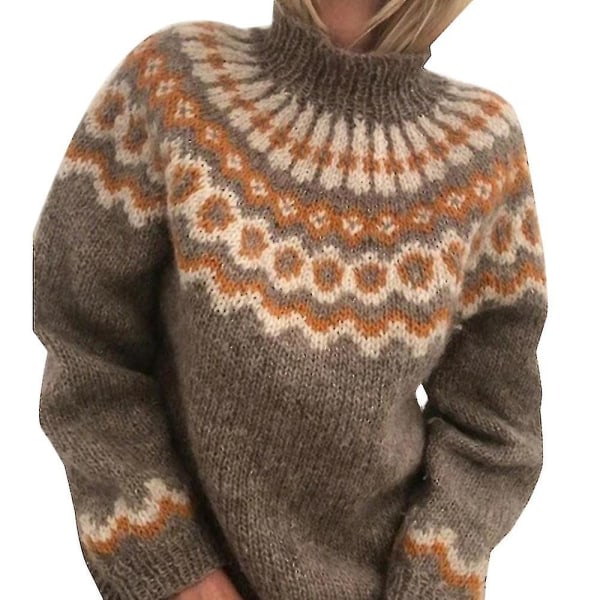 Damestrikkede nordiske sweater rullekrave sweater vintertrøjer Khaki L