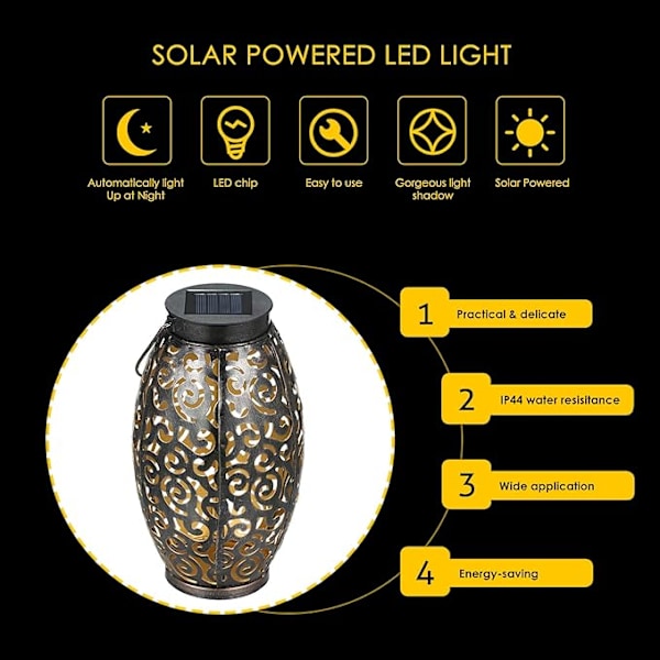 2-pakning Solcellelykter, Hengende Solcellelampe Utendørs Lampe Solcelledrevet Lykt med Håndtak Metall Vanntett Dekorativ Solcellelampe for Hage
